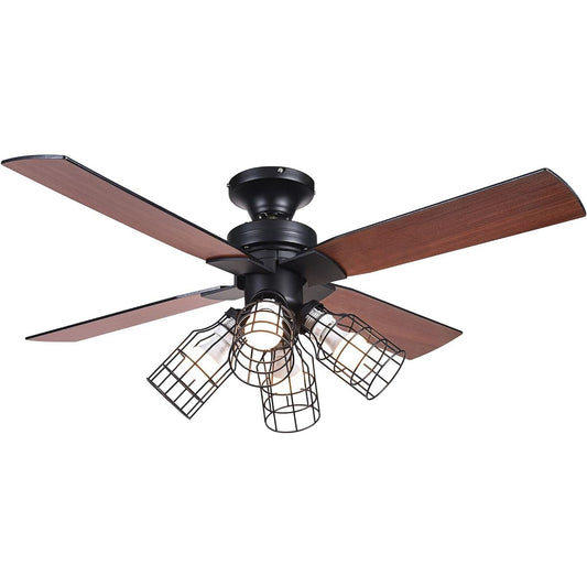 Ceiling Fan Light, 4 Lights, Remote Control Wood Grain Fan, Energy Saving, Air Volume Adjustment, Ceiling Light, Ceiling Fan, Cooling and Heating Effect, Ceiling Light, Stylish, Electric, LED (Black)
