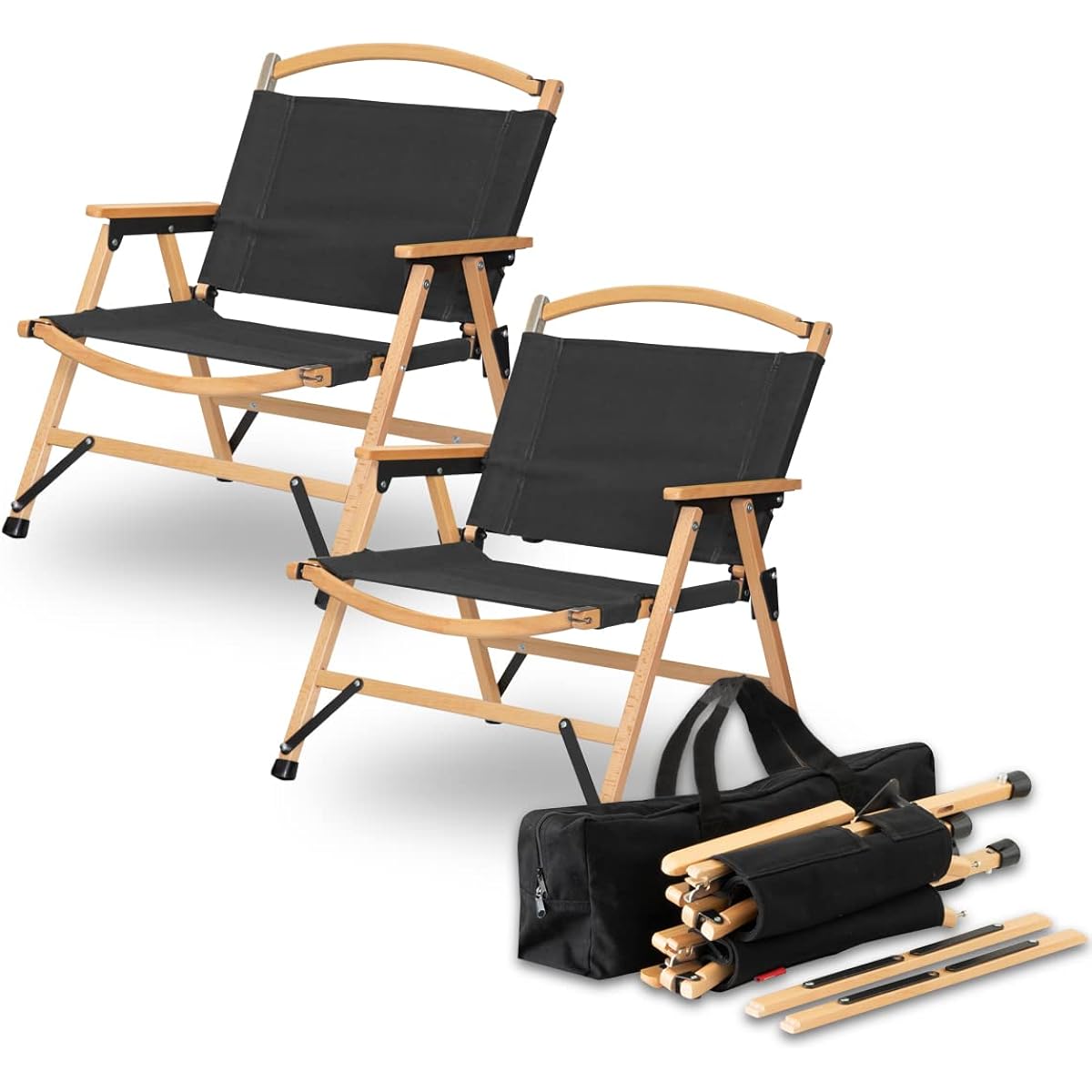 FIELDOOR Outdoor Chair Classic Chair Set of 2 Wooden Frame x Cotton Low Chair Compact Storage Leg Cap with Storage Bag Load Capacity 100kg Outdoor Camping