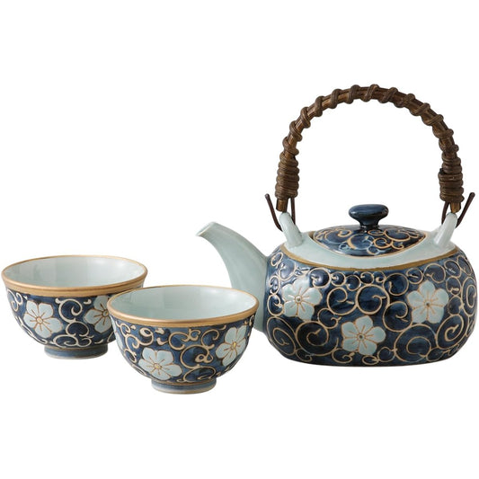 Hasami ware clay pot teacup set of 3, arabesque bellflower pattern, made in Japan 11482