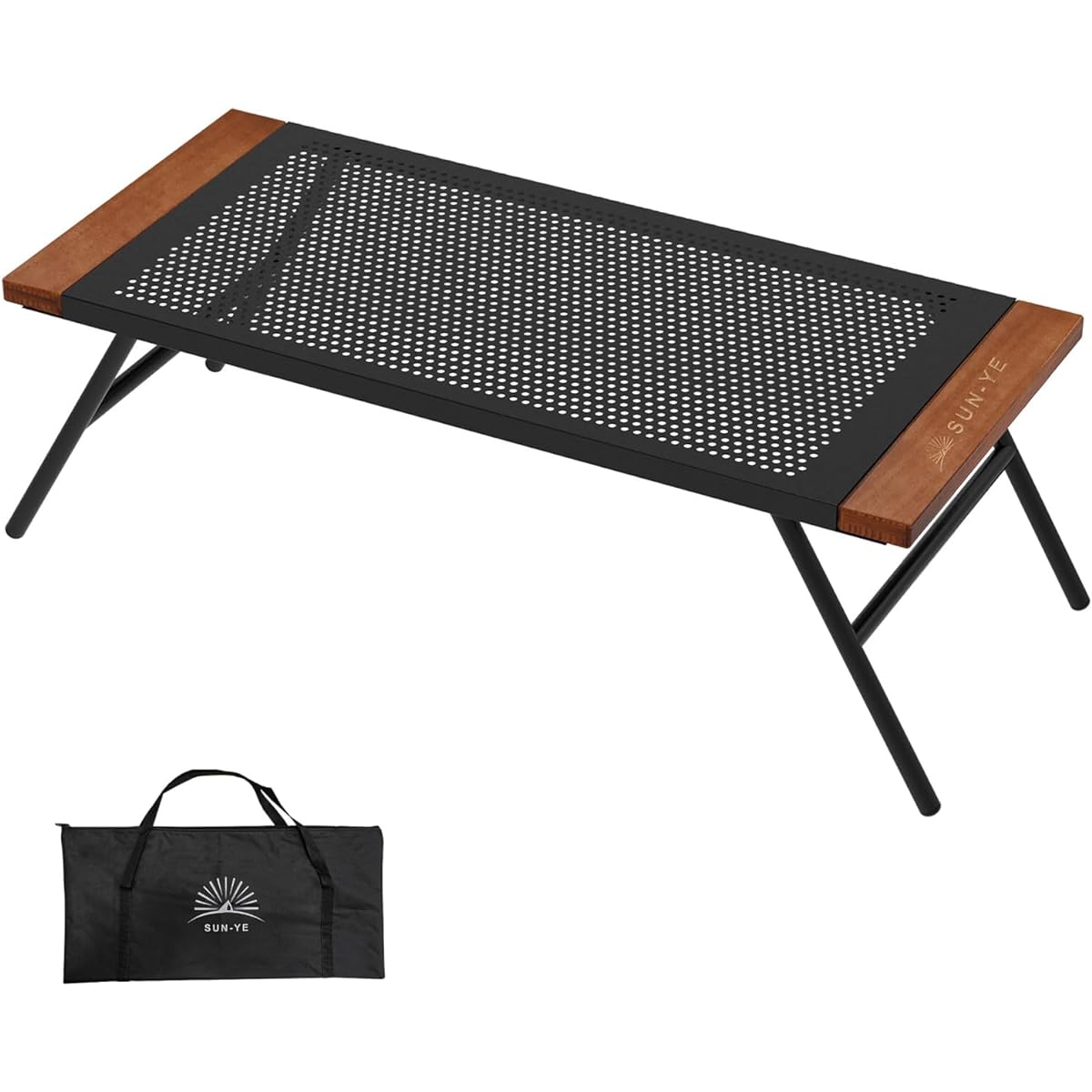 SUN-YE Camping Table, Mesh Table, Iron System, Wooden Edge, Folding, Camping, Bonfire, Stove Holder, Comes with Exclusive Storage Bag (Black, 2 Pieces)