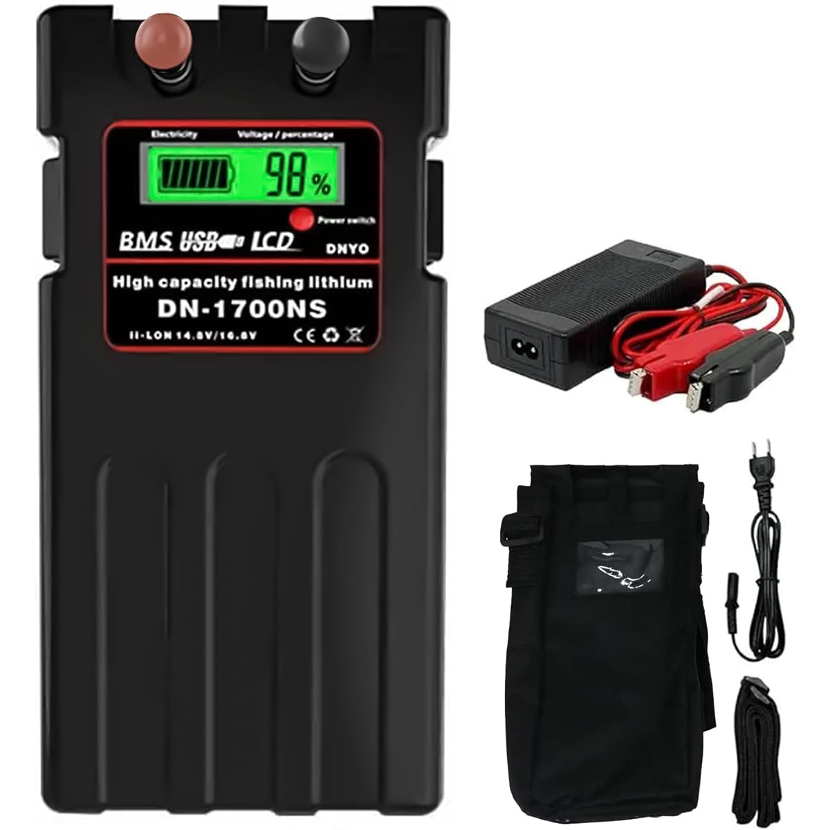 @NSS DN-1700NS Daiwa Shimano Electric Reel Battery Charger Cover 3 Piece Set 14.8V 14000mAh Panasonic Cell (Black)