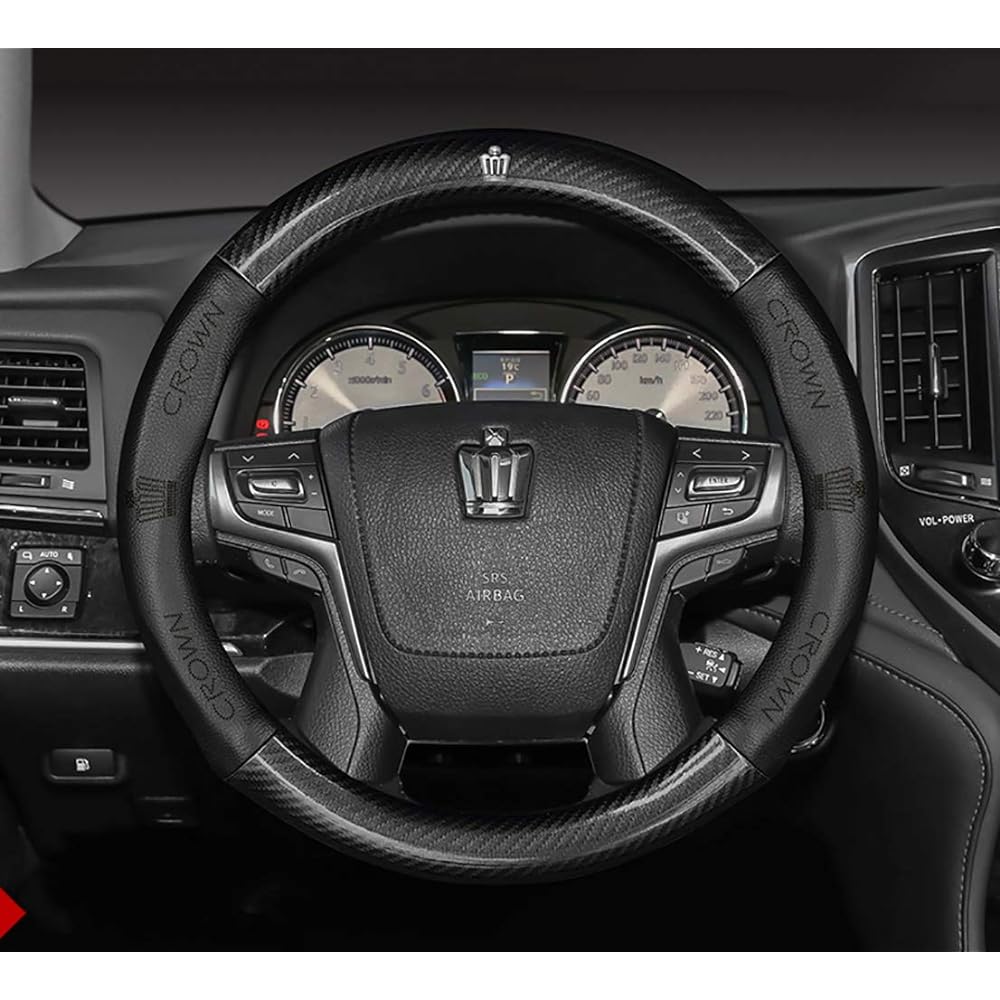 KADOO Crown 210 Series 200 Series 180 Series Steering Wheel Cover Genuine Leather Interior Parts Luxury Cowhide Leather Logo Carbon Pattern Wood Grain 15.0 inches (38 cm) 15.7 inches (40 cm) Available in Two Colors (Black with Letters, 210 Series, 38 cm)