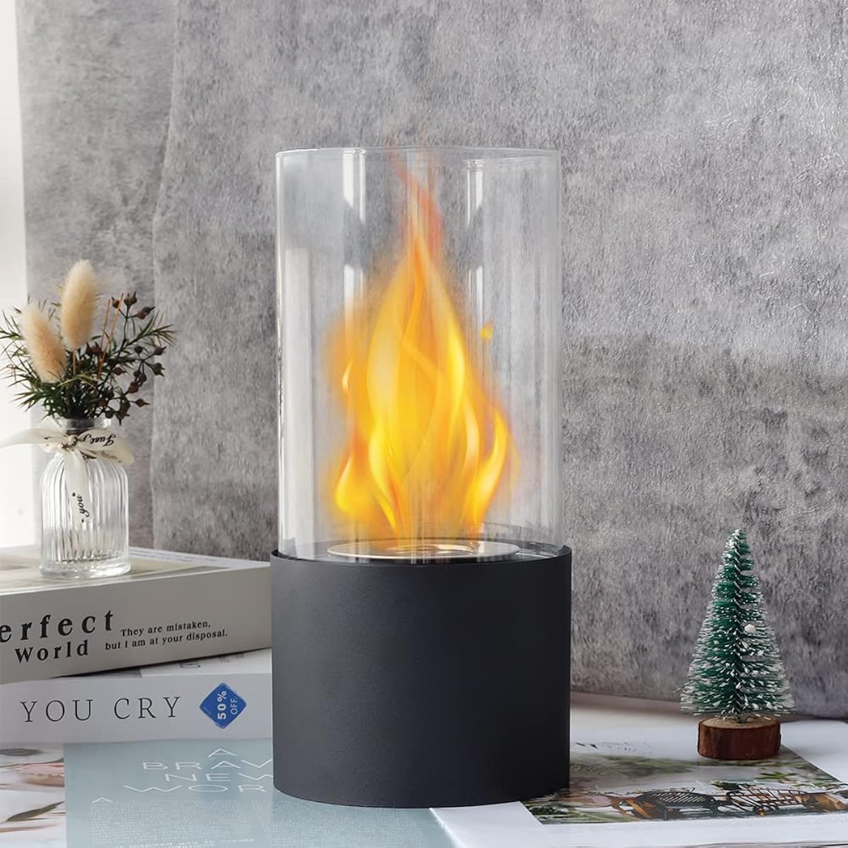 NEWIMAGE Bioethanol Fireplace - Portable Fire Pit Height 26cm Clean Burning Metal & Heat Resistant Glass Indoor/Outdoor Birthday/Moving/Housewarming Gift (Black)