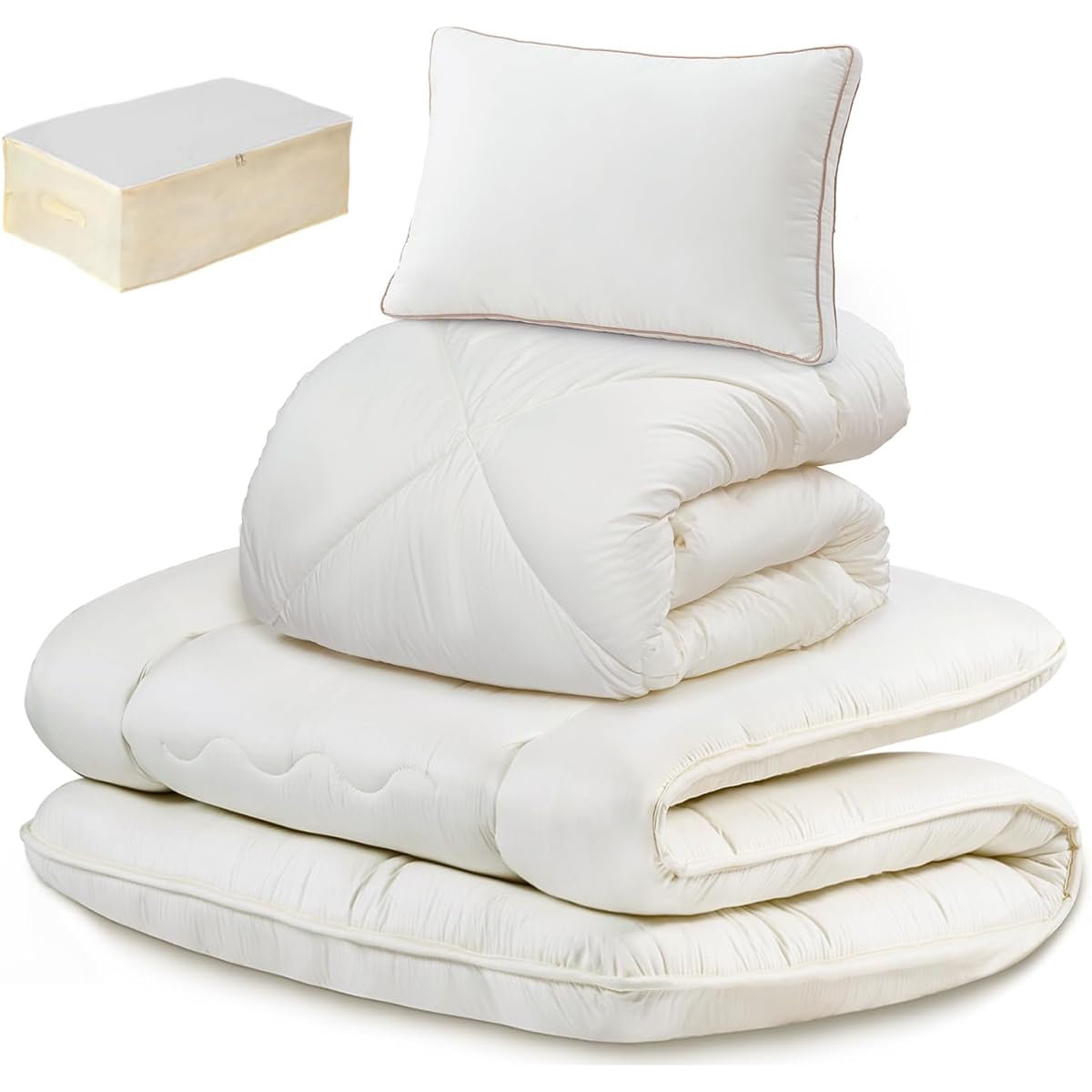 AZRA Futon Set, Single, 4 Piece Set, Bedding Set, Washable, Antibacterial, Odor Resistant, Storage Case Included, Peach Skin Processing, Antibacterial, Odor Resistant, Lightweight, Dust-resistant, For Guests, New Life Support, Ivory