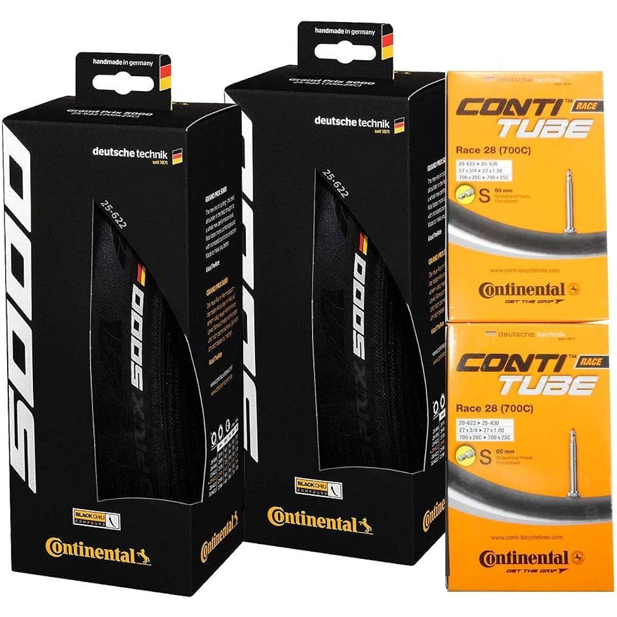Set of 2 tires and tubes Continental GRAND PRIX 5000 [Parallel import goods] (Black, 700x23c-Presta 60mm)