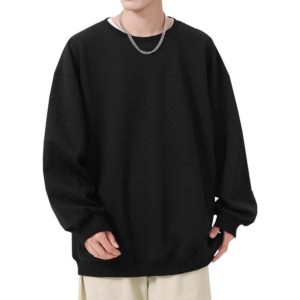 [Easykode] Sweatshirt, Men's, Autumn Clothing, Stylish, Pullover Parka, Elegant, Bulky Jacquard, Large Size, Clothes, Plain, Top, Dry, Stretch, Long Sleeve T-Shirt, Loose Sweatshirt, Unisex, Autumn, Winter, Spring