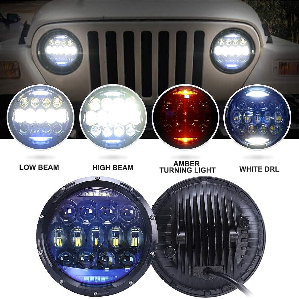 130W 7 -inch Round LED Headlight Blue Lens White DRL and Amber Turn Signal High Lo Beam Greplangler JK JK JK JKU TJ CJ headlamp Hummer H1 H2 compatible (2 pieces)