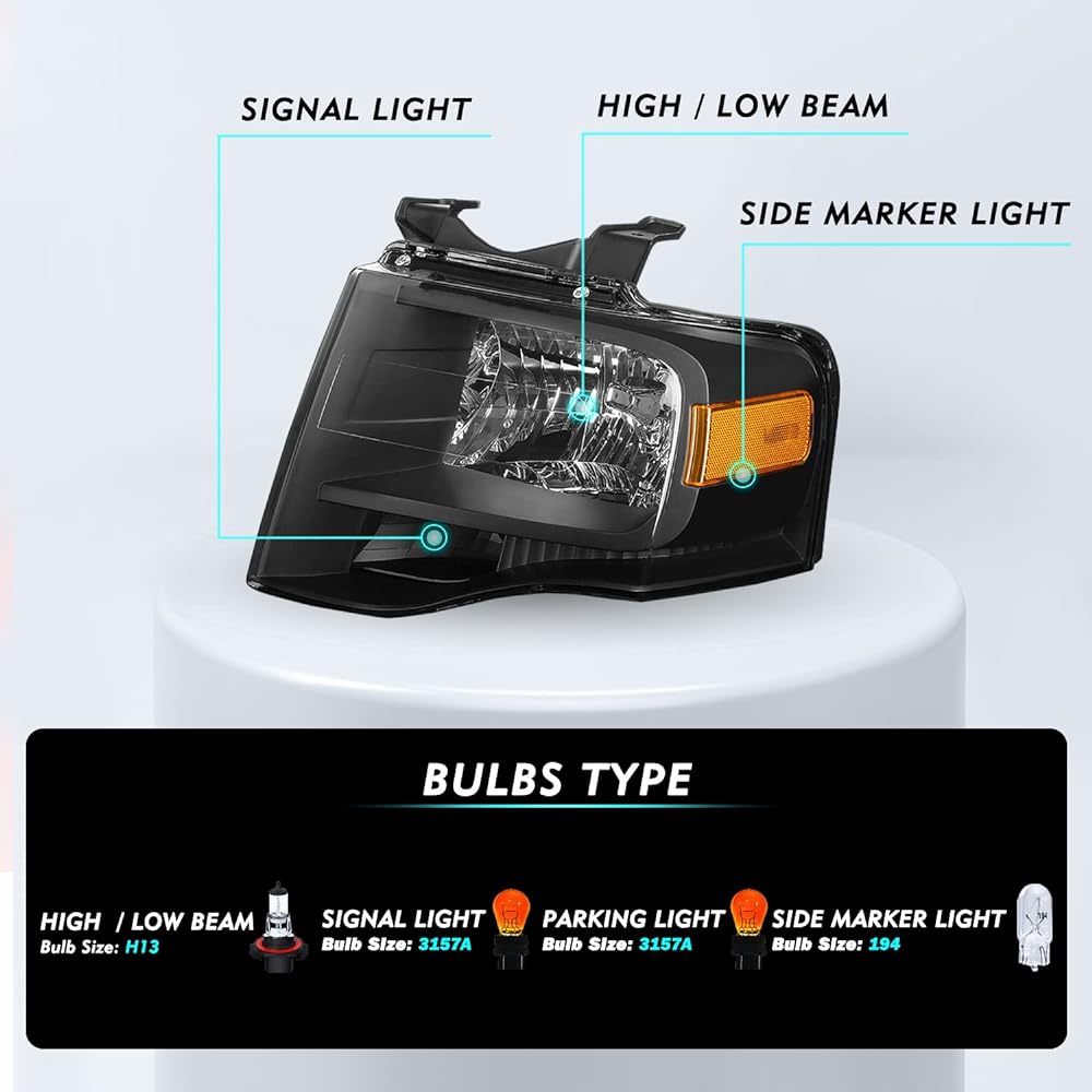 TUSDAR Headlight Assembly Set 2007-2014 Ford EXPEDITION driver & passenger seat side side (with black housing amber reeflex)