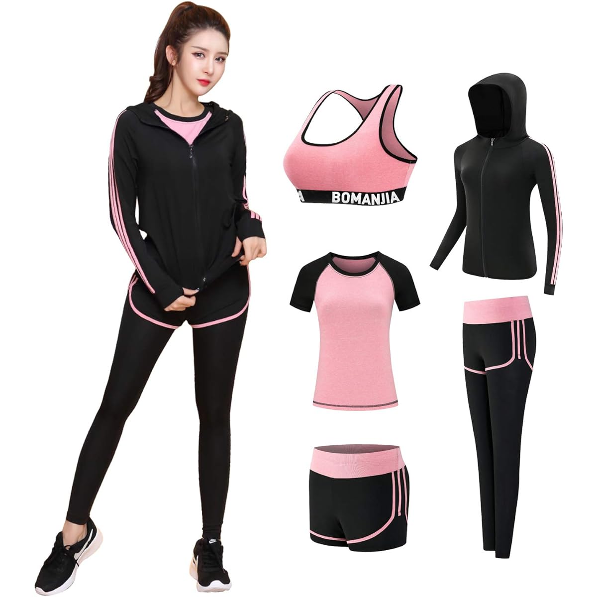 [kojo] Sportswear, Women's, Yoga Wear, Training Wear, Running Wear, Gym, Fitness, Compression Wear, Top and Bottom 5 Piece Set, Sweat Absorbent, Quick Drying (8801)