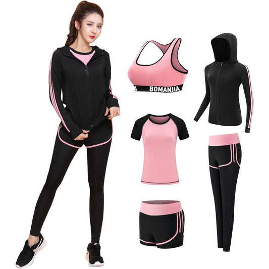 [kojo] Sportswear, Women's, Yoga Wear, Training Wear, Running Wear, Gym, Fitness, Compression Wear, Top and Bottom 5 Piece Set, Sweat Absorbent, Quick Drying (8801)