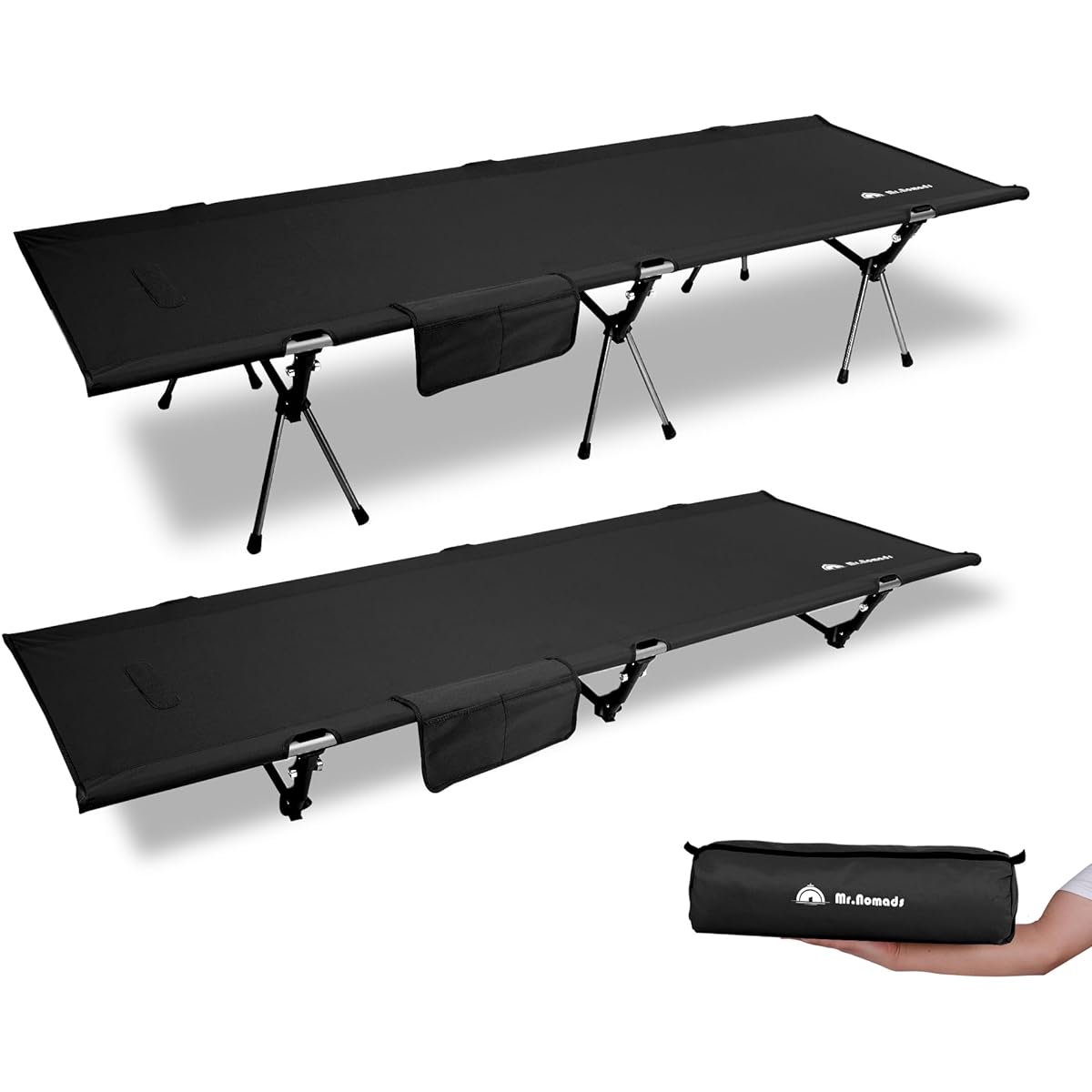 [Mr.Nomads] 2way Wide Folding Outdoor Cot High Strength/Lightweight Outdoor Bed 160KG High Load Capacity Camp Cot with Storage Case for Nap Camping Outdoor Touring High/Low Switchable Silent Design (KT001 Black)