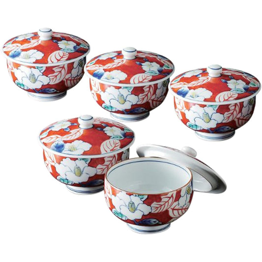 Stylish teacup: Arita ware hand-painted colored sasanqua flower set (sencha 5-piece set with lid) Japanese Cup set (Cup x5pcs) Porcelain/Size(cm) Φ10x8/No:740315
