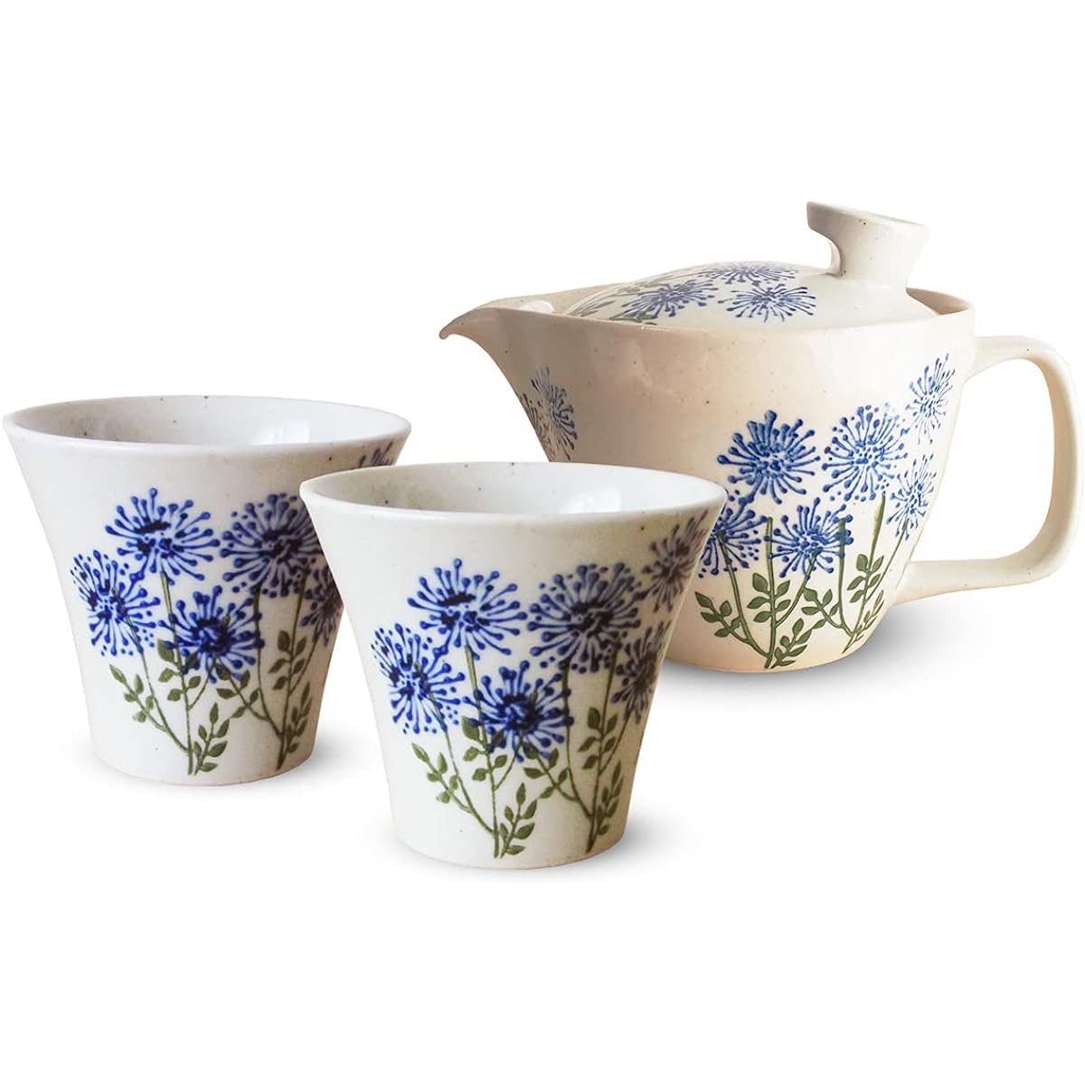 J-kitchens Isaozan Kiln Teapot Tea Cup Pair Set Hasami Ware Made in Japan 240ml 130ml For 1 ~ 2 People Comes with Tea Strainer Wildflower Blue