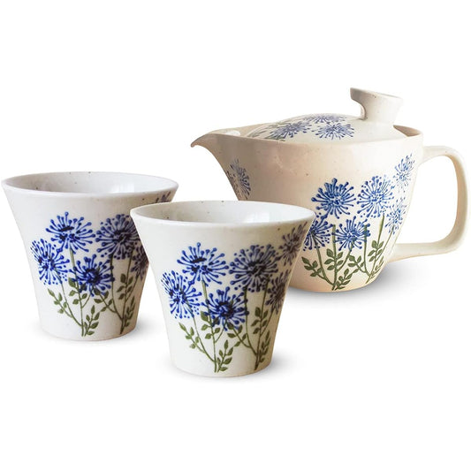 J-kitchens Isaozan Kiln Teapot Tea Cup Pair Set Hasami Ware Made in Japan 240ml 130ml For 1 ~ 2 People Comes with Tea Strainer Wildflower Blue