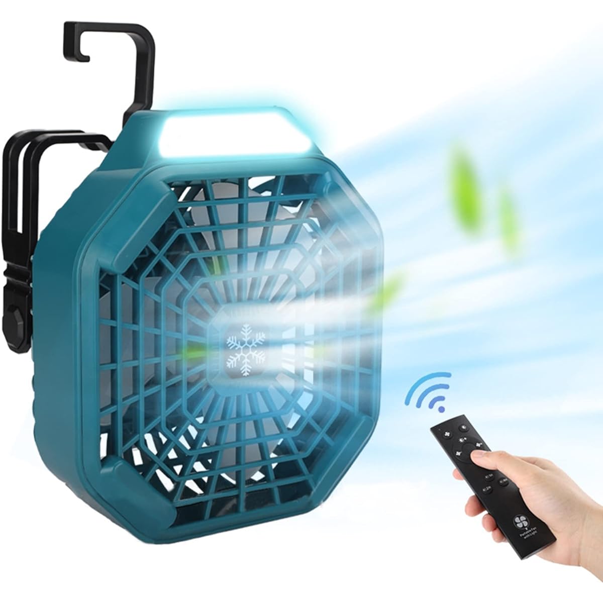 Portable fan, rechargeable camping outdoor fan, with LED light, remote control, 3-level adjustment of air volume and brightness, compatible with Makita 14.4/18V battery, for handheld, tabletop, and hanging use, small size (F)