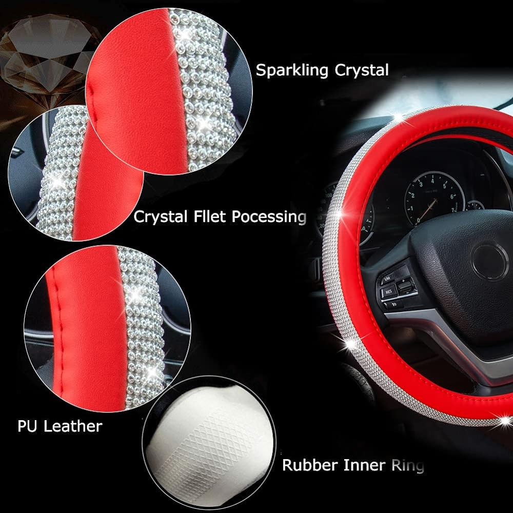 NEW DIAMOND PU handle cover with glittering crystal rhinestone universal fit 15 inch wheel protector Ladies Girls Red COVER00300205…