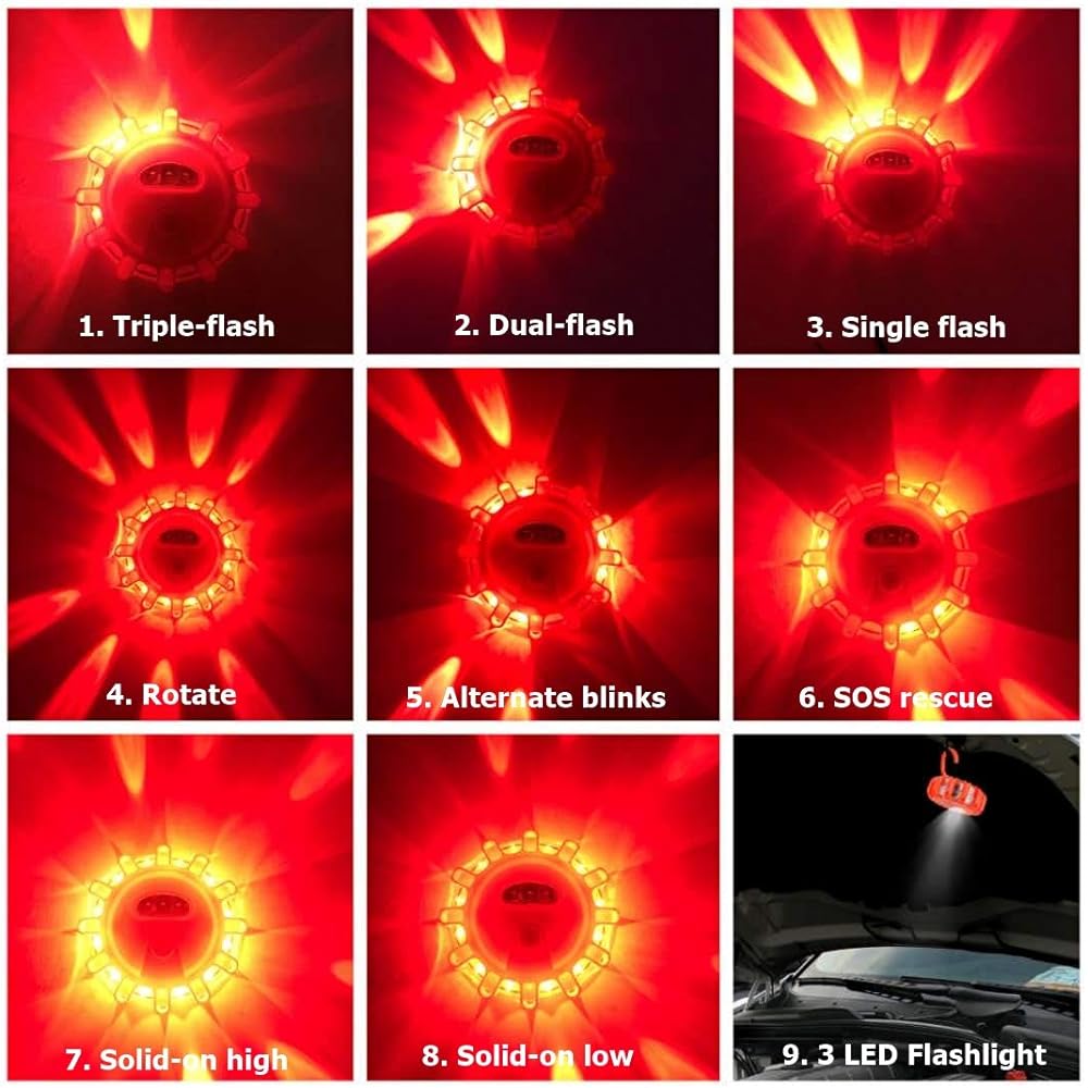 USB rechargeable LED road flare Emergency Light Warning Car Safety Bee Confrdering Disc Flare Kit Magnetic Base Vehicle & 3 Bat Conditions for Boat