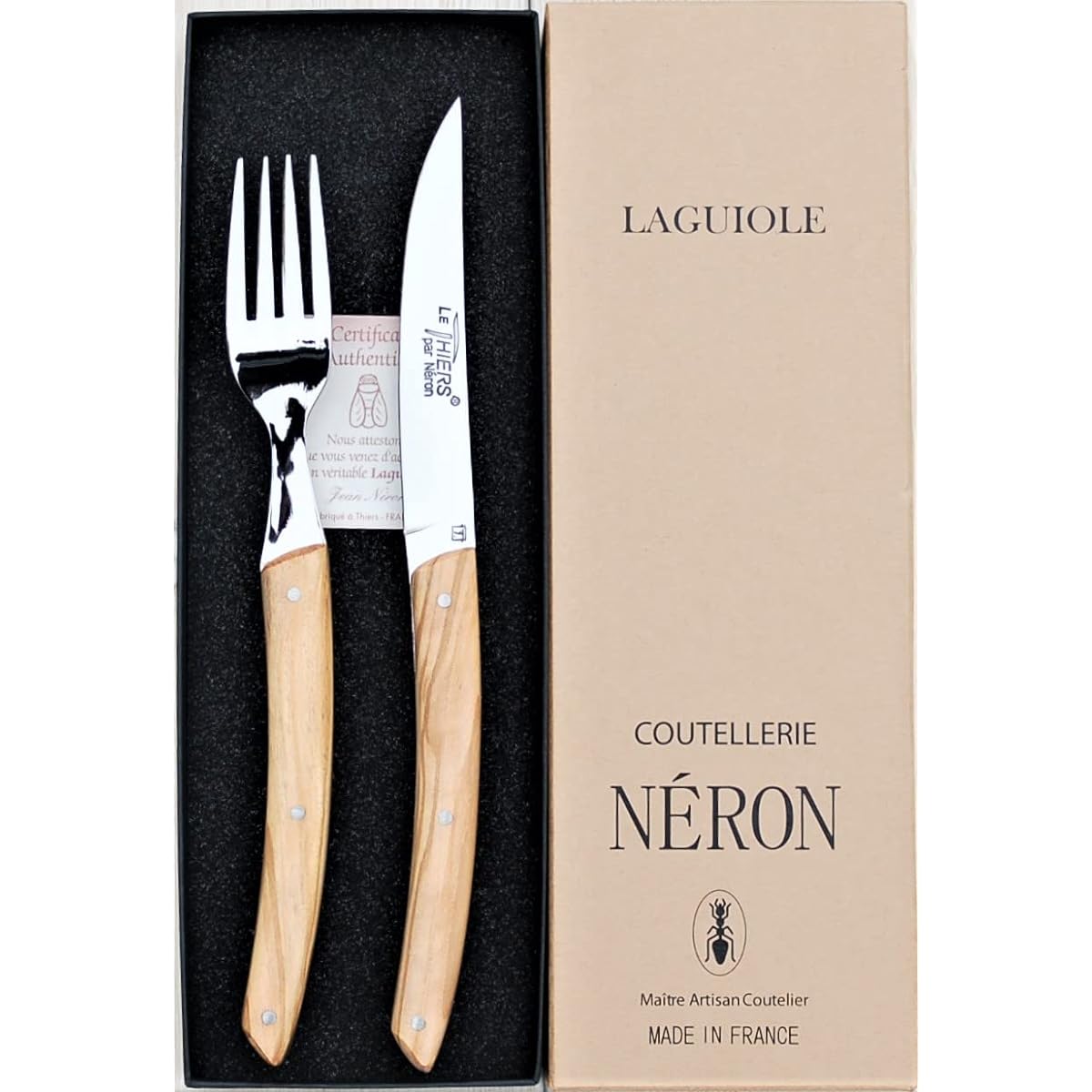 Natural Olive Handle Theirs 2.5mm Blade Steak Knife Fork Set Gift Box Made in France NERON