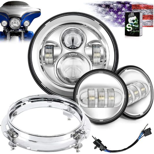 SLK-Customs 7" LED Headlight Fog Passing Light DOT Kit Ring Motorcycle Harley-Davidson Touring Road King Ultra Classic Electra Street Glide Heritage Softail Slim Deluxe Fat Boy (Chrome)