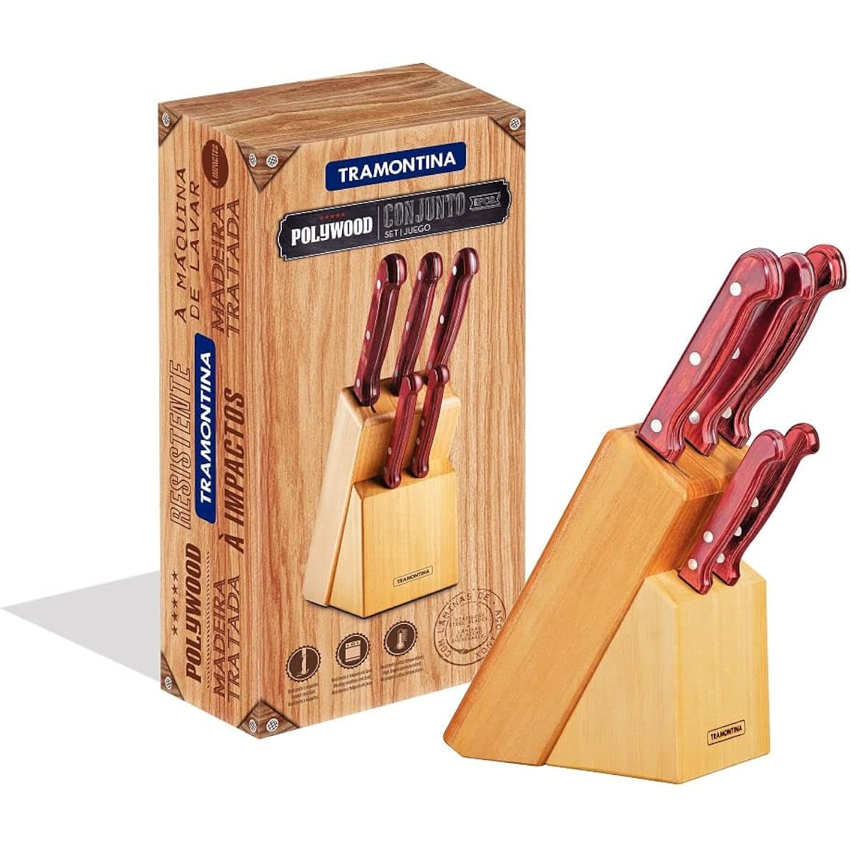 Tramontina Polywood Wooden Handle Knife Cutlery Knife Set of 5 Red with Wooden Case Dishwasher Safe Durable Natural Wood Respect for the Aged Day Housewarming Gift Made in Brazil 21199/783 TRAMONTINA