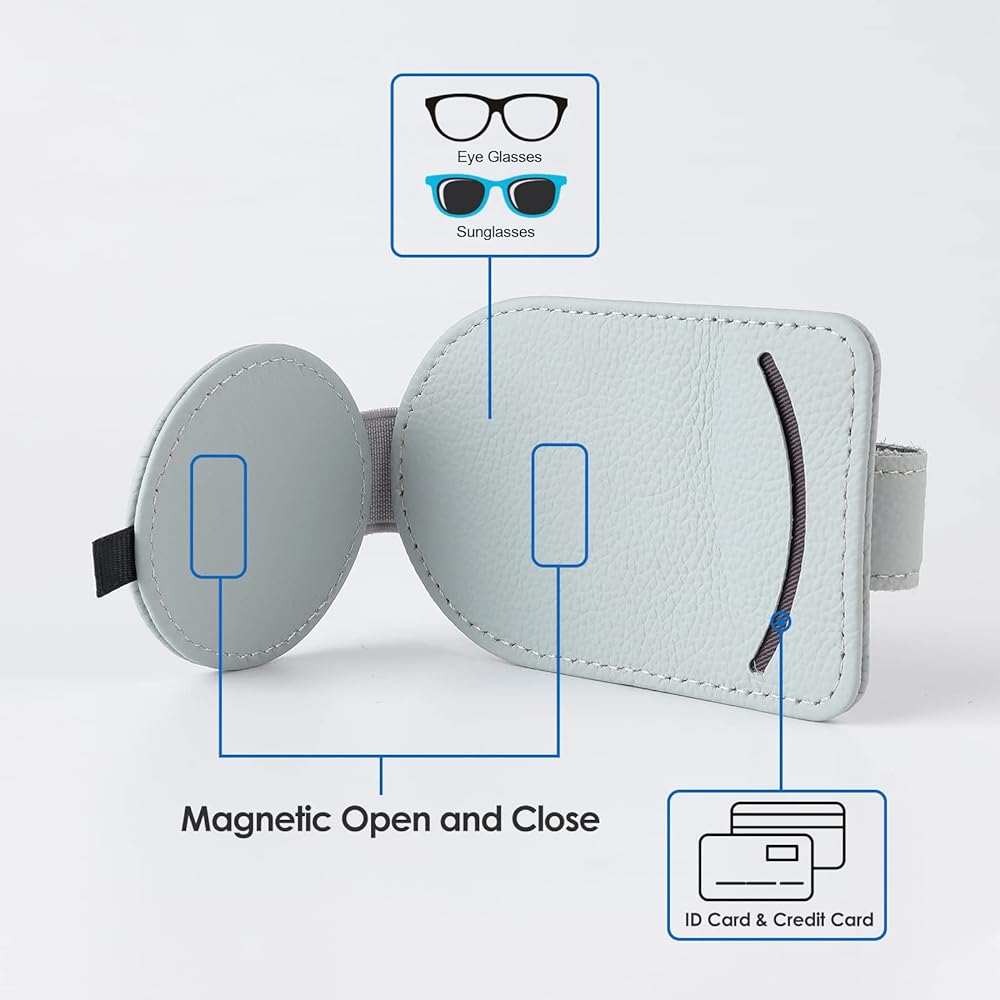 KEVANCHO Magnetic Sunglasses Holder Car Vizer Clip 2 Leather Car Glass Holder Visor Accessories Glasses Holder Glasses Storage Case (12-Gray)