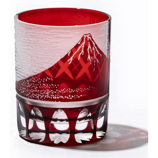 [Taimuro Kobo Official] Edo Kiriko Red Fuji and Yarai Crest Old Glass (Red) TB15-203R Wooden Box Made in Japan