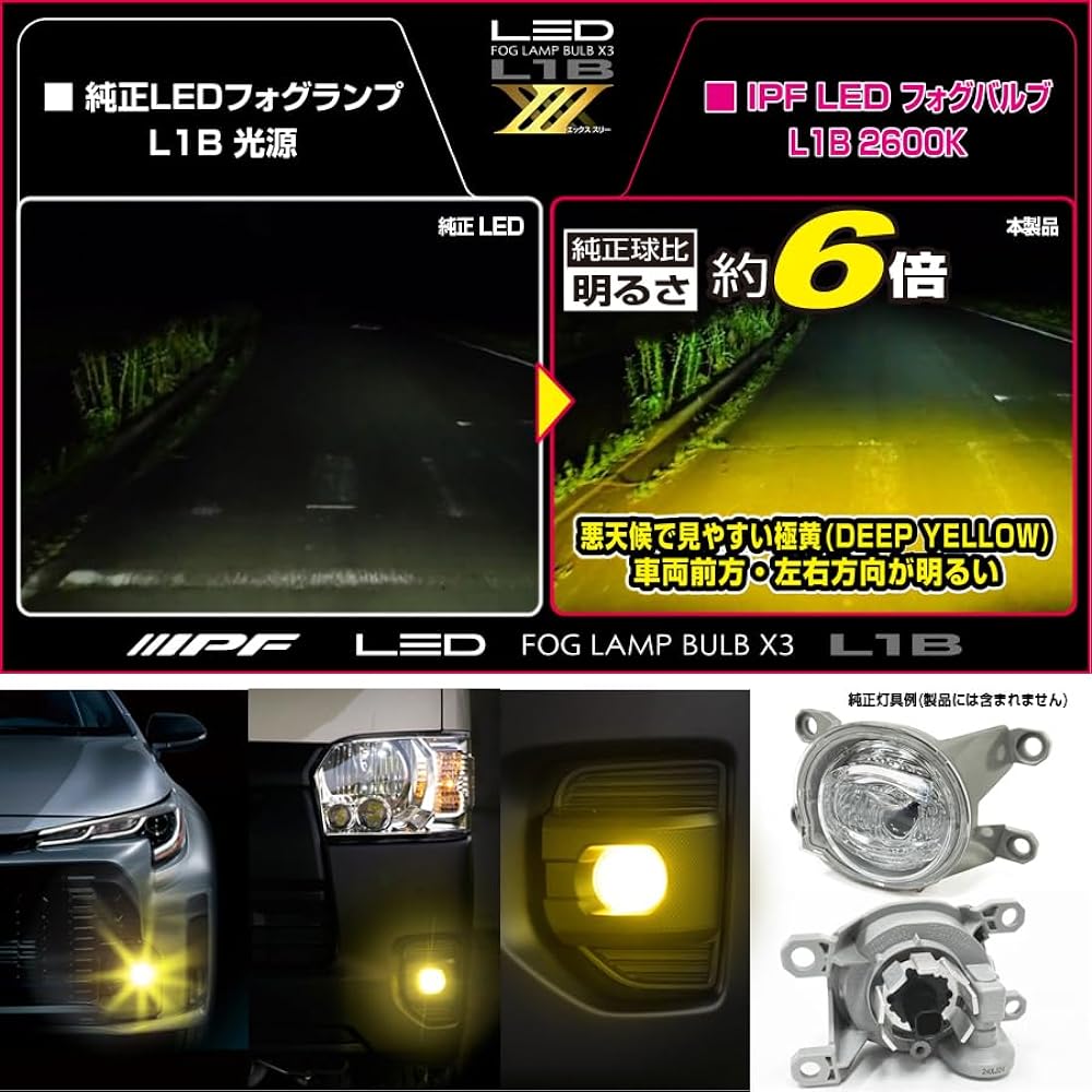 IPF Fog Lamp LED for Cars L1B 5000lm 2600K Yellow 12V 2 Pieces Compatible with Car Inspection Compatible with Vehicle Inspection Integrated Driver Unit Built-in Cooling Fan Replacement for Genuine LED Fog Lamp Super High Lumen