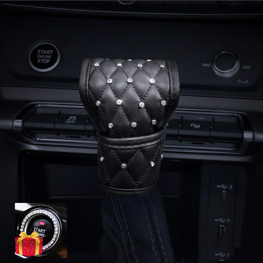 Spanice glittering auto shift gear cover leather leather gear shift knob cover crystal glitter girakira line stone girls Ladies universal fit (B-black)