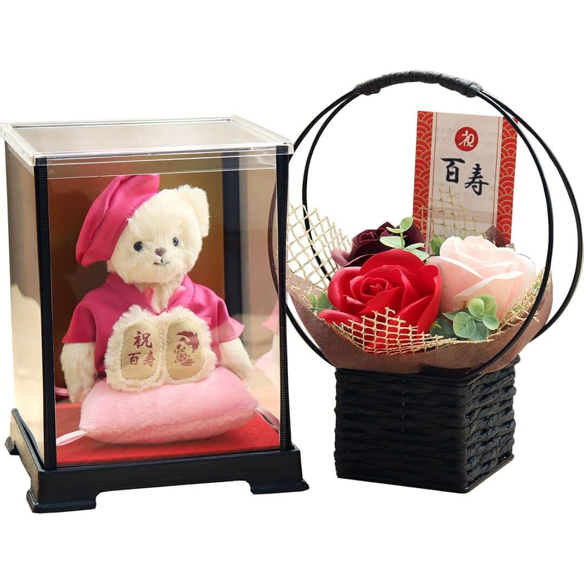 [Petit Roux] A celebratory teddy bear wearing pink Chanchanko for centenarians (Case Fragrance Soap Flower)