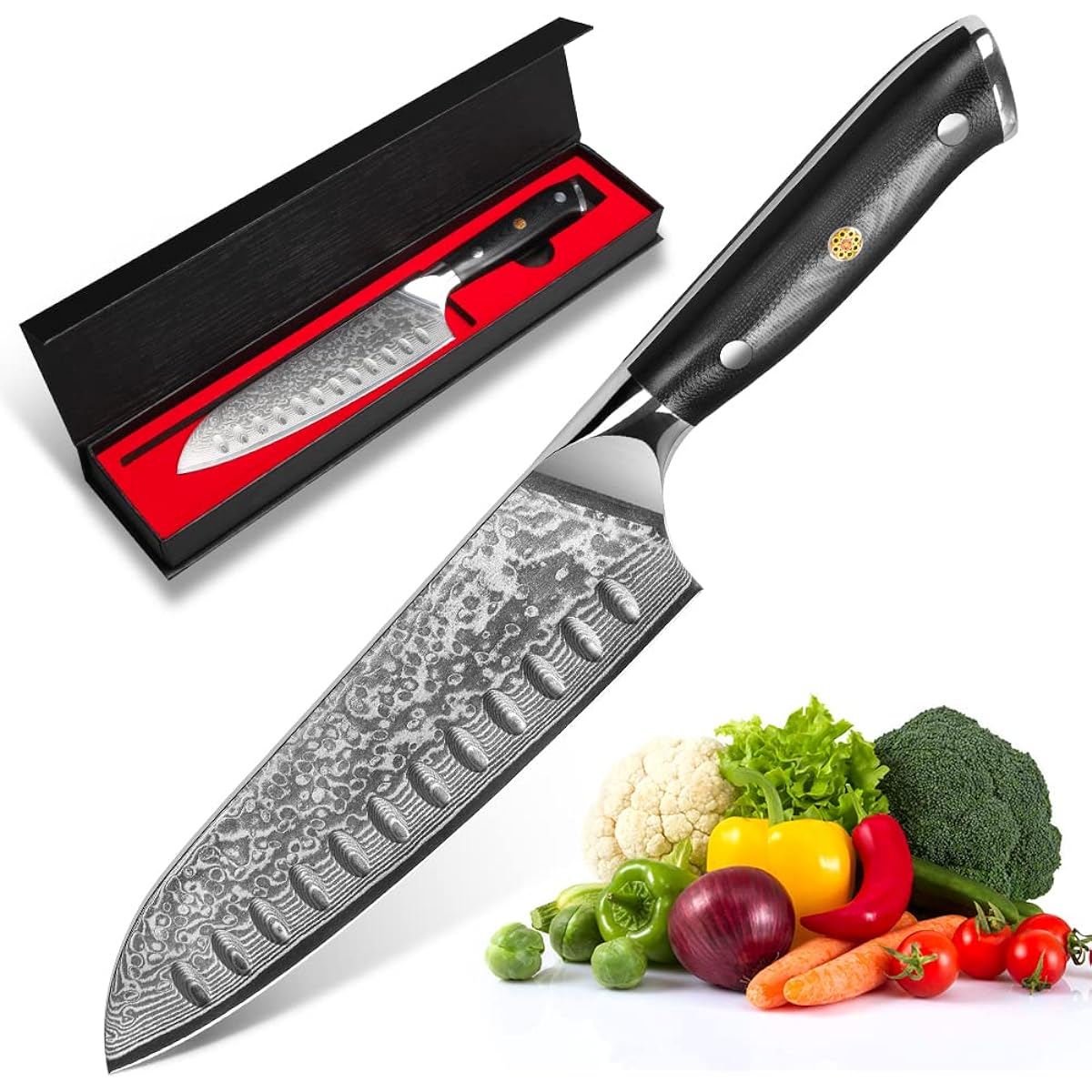kyushublade Santoku Knife Damascus Knife Blade Length 176mm. All-purpose Kitchen Knife, Gyuto Knife, Chef Knife. 67 layers of high carbon stainless steel, full tang structure & black G10 handle. Long-lasting sharpness for cutting vegetables, meat, and fr