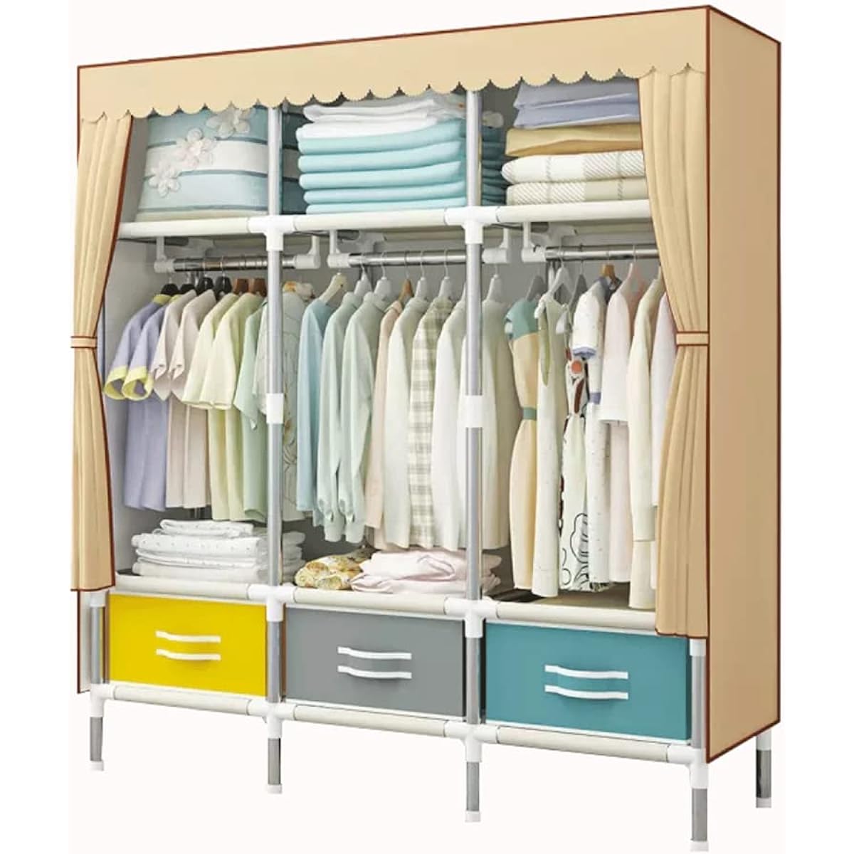 SUKIZUKI Wardrobe with Cover, Closet with Metal Rack Cover, 3 Drawers, Clothes Storage, Large Capacity, Non-woven Fabric Cover, Width 150 x Depth 45 x Height 170 cm, Khaki Color