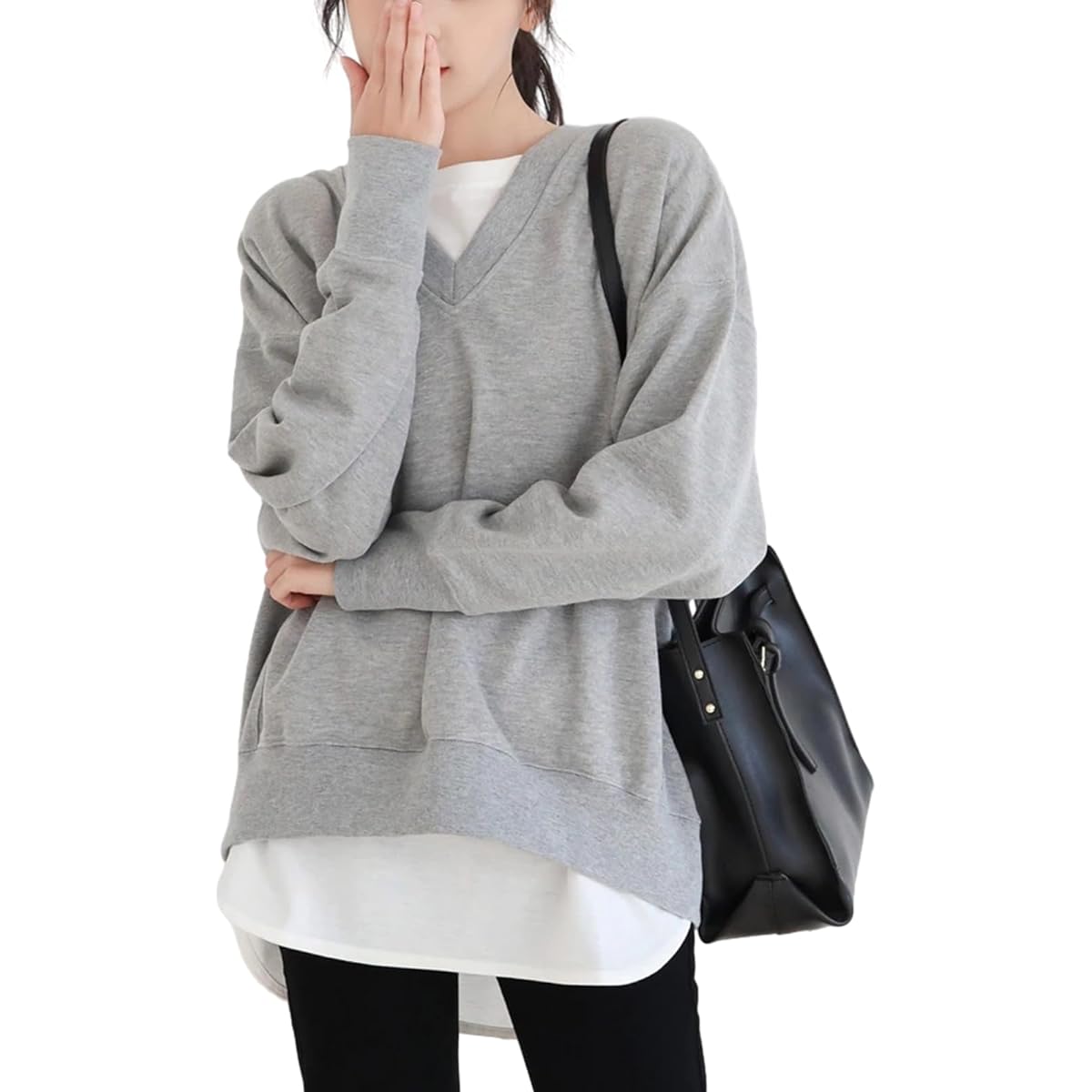 [xppe] Women's Sweatshirt, Top, Long Sleeve, V-Neck, Different Front and Back, Sweatshirt, Cotton, Loose, Plain, Soft, Stylish, Layered, Slimming, Body Coverage, Casual, Everyday, Daily Fashion, Commuting, Office, Comfortable, Spring, Autumn, Winter, Swe
