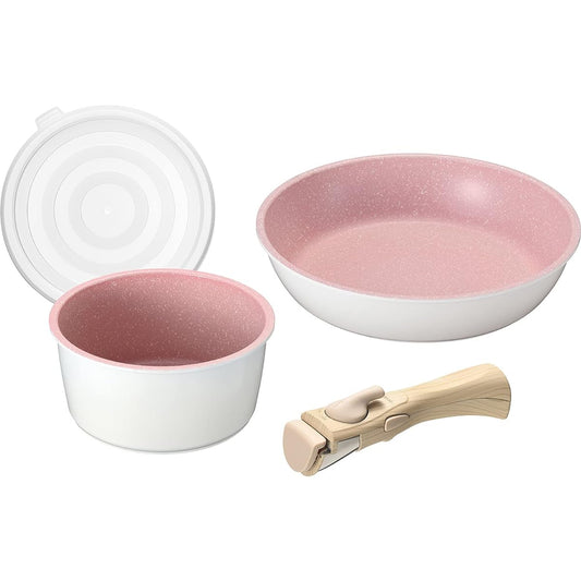 Wahei freiz Pot Set, 2 Piece Set, Pink x White, IH/Gas Compatible, Marble Coat, Removable Handle, Attractive Frying Pan MB-2163