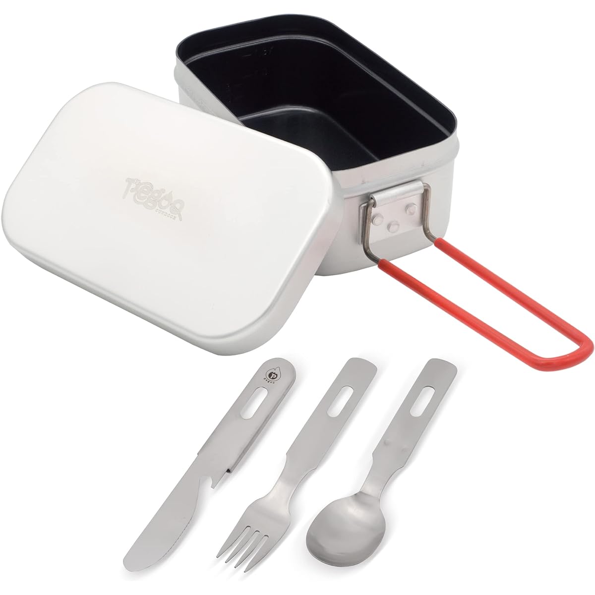 pegoo Mestin Fluorine Processing + Japanese Cutlery Set, Rice Bowl with Memory, Grooves to Prevent Spillovers, Outdoor Cookware, Hango Camping Meal, 1.5 Cups, Knife, Fork, Spoon, Mountain Climbing, Barbecue, Touring