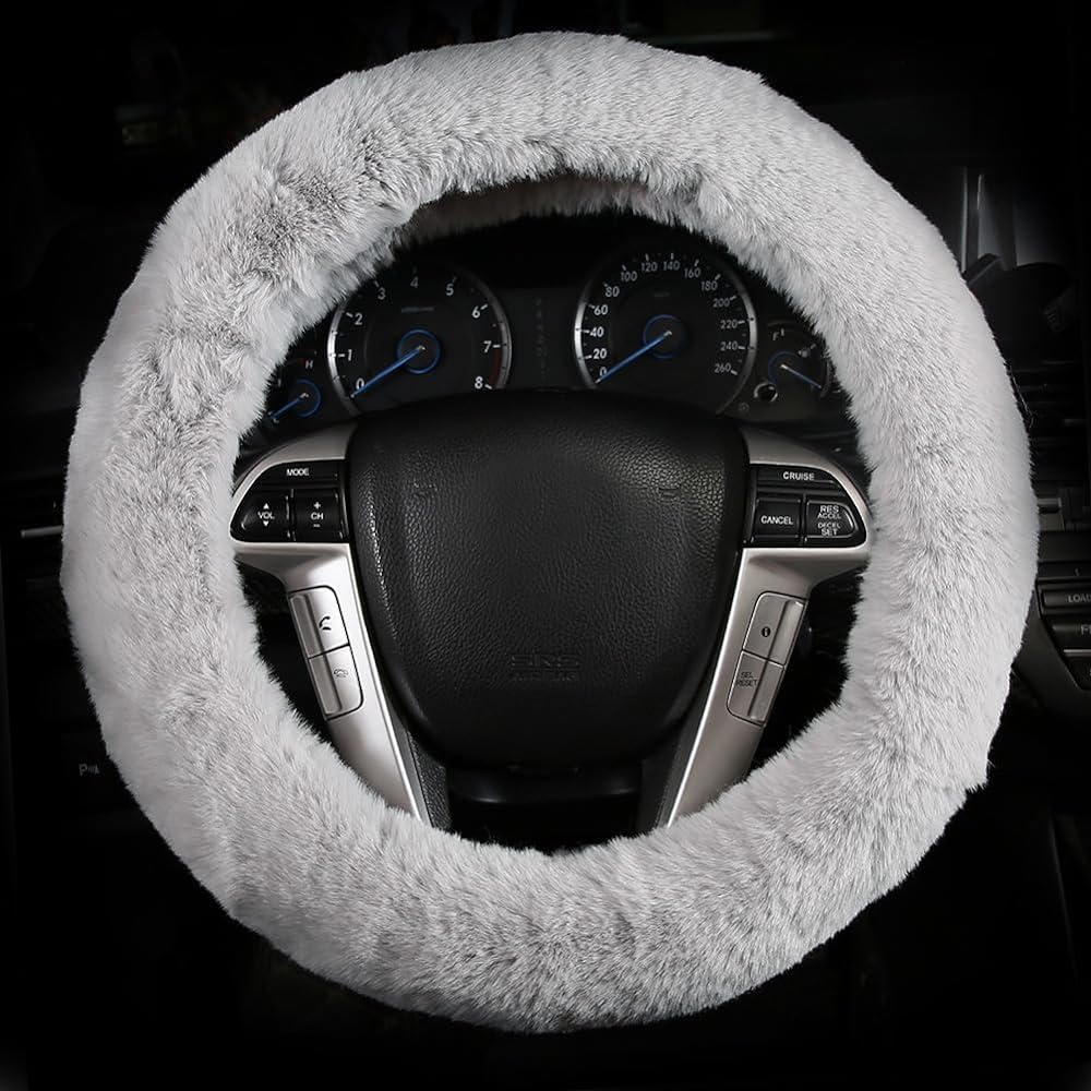 Fluffy handle cover Cute 3 -point 3 -point hand brake cover & gear shift cover with soft plash steering wheel cover ladies girls (silver gray)