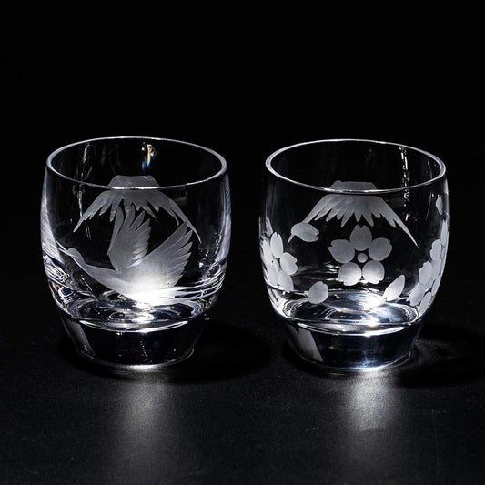 [Taimuro Kobo Official] Edo Kiriko Mt. Fuji with Cranes and Cherry Blossoms Cold Sake Glasses Pair TB0050-32/0050-33 Comes in a Presentation Box Made in Japan