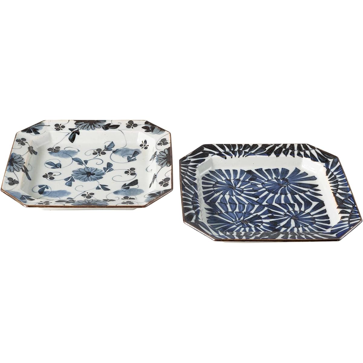 Hasamiyaki large plate, plate, approx. 23 x 22 cm, pair, presented in box, hand-painted, old dyed crest, octagonal, made in Japan 20581