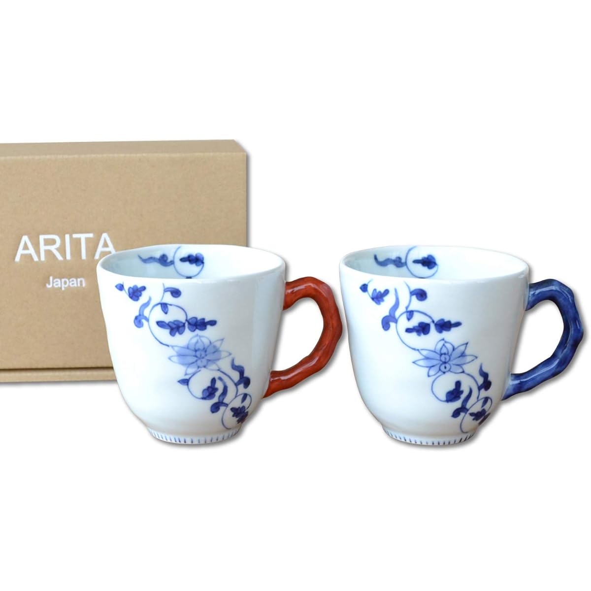 Pair of mugs, gift boxed, Arita ware, microwave safe, coffee cup, flower obi arabesque, made in Japan