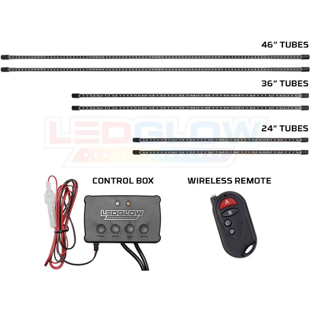 6pc Multi-Color Truck Slimline LED Underbody Underglow Accent Neon Lighting Kit - 7 Solid Colors - 18 Unique Patterns - Music Mode - Water Resistant Tubes - Includes Control Box & Remote
