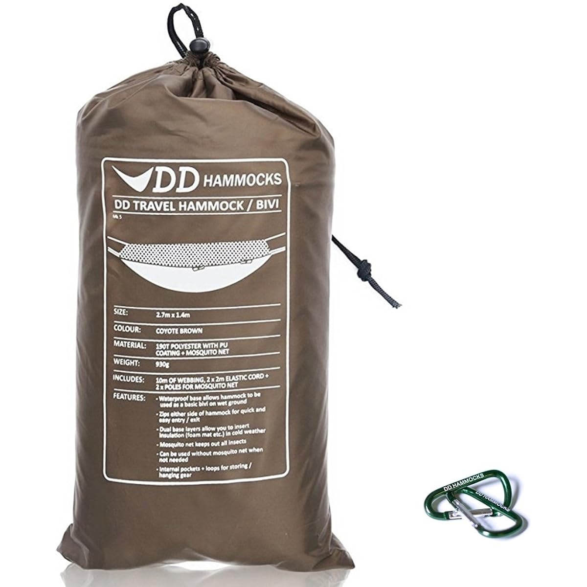 DD Travel Hammock/Bivi Double Layered DD Travel Hammock/Bivi & Set with 2 Mini Karabiners Convenient for Lightweight Use (Coyote brown) [Parallel Import]