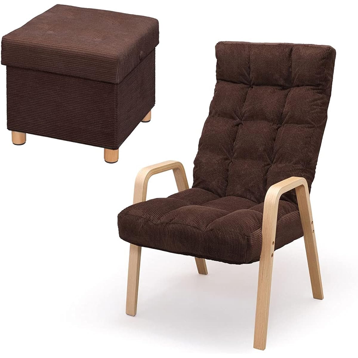 Iris Ohyama Wood Armchair L Size Storage Stool Set with Legs Reclining Chair 7 Levels of Waist and 14 Levels of Head Reclining Foldable Width Approx. 53 x Depth Approx. 56~74 x Height Approx. 72~78 cm Brown WAC-L ASST38