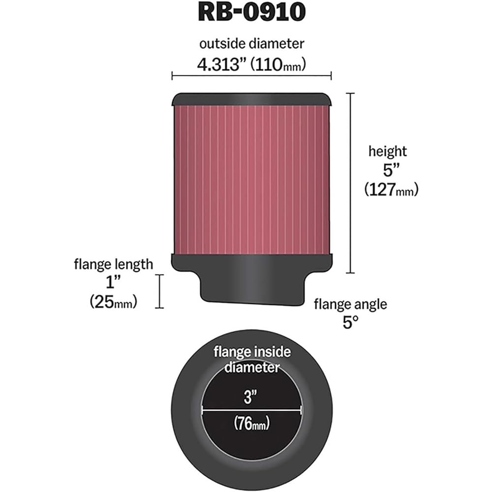K & N Universal Lump On Air Intake Filter: High performance, premium, washing, replacement air filter: Flange diameter: 3 inches, 5 inches, flange length, shape: RB-0910, RB-0910