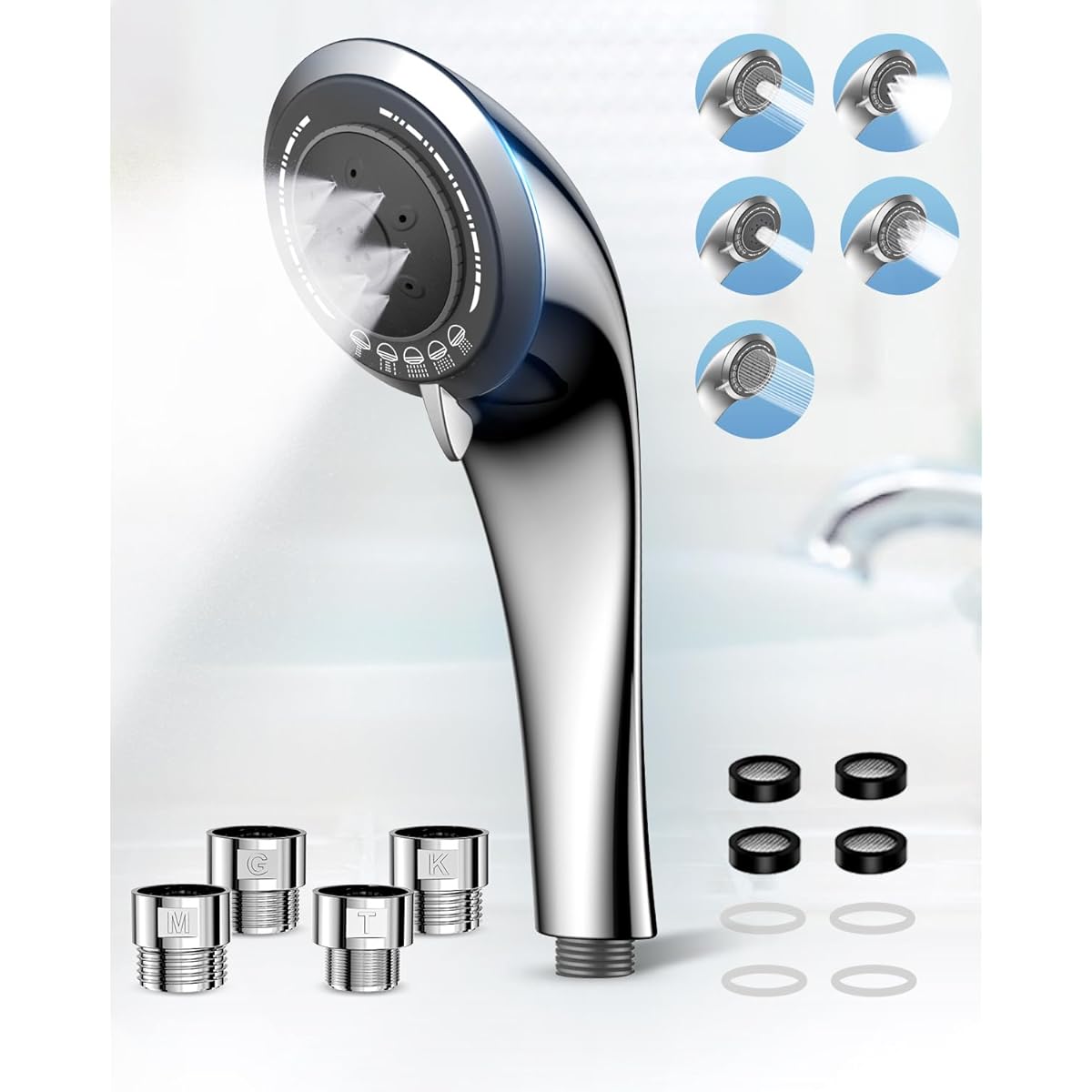 Shower Head Mist Micro Nano Bubble Water Saving Shower Head 5 Stage Mode High Cleaning Power Strong Water Pressure Moisturizing Moisture Beautiful Hair Beautiful Skin Scalp Care Clean Pore Dirt Removal Bath Items Easy to Install (Silver)