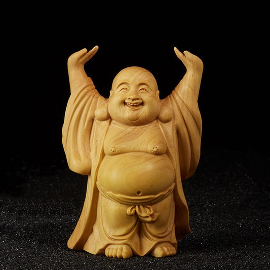Buddha Statue, Cute, Hotei-like Ornament, Amulet, Examination, Wooden Carved Buddha Statue, Luxury Boxwood Wood Carving, Money Luck Amulet (Height 9.6cm x Width 6.5cm x Depth 4.6cm)