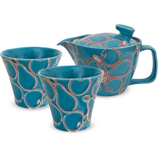 J-kitchens Isaozan Kiln Teapot Set, Hasamiyaki, Made in Japan (Teapot, Pair Teacup, Tea Utensil Set), 240ml, 130ml, For 1 ~ 2 People, Comes with Tea Strainer, Pier Blue