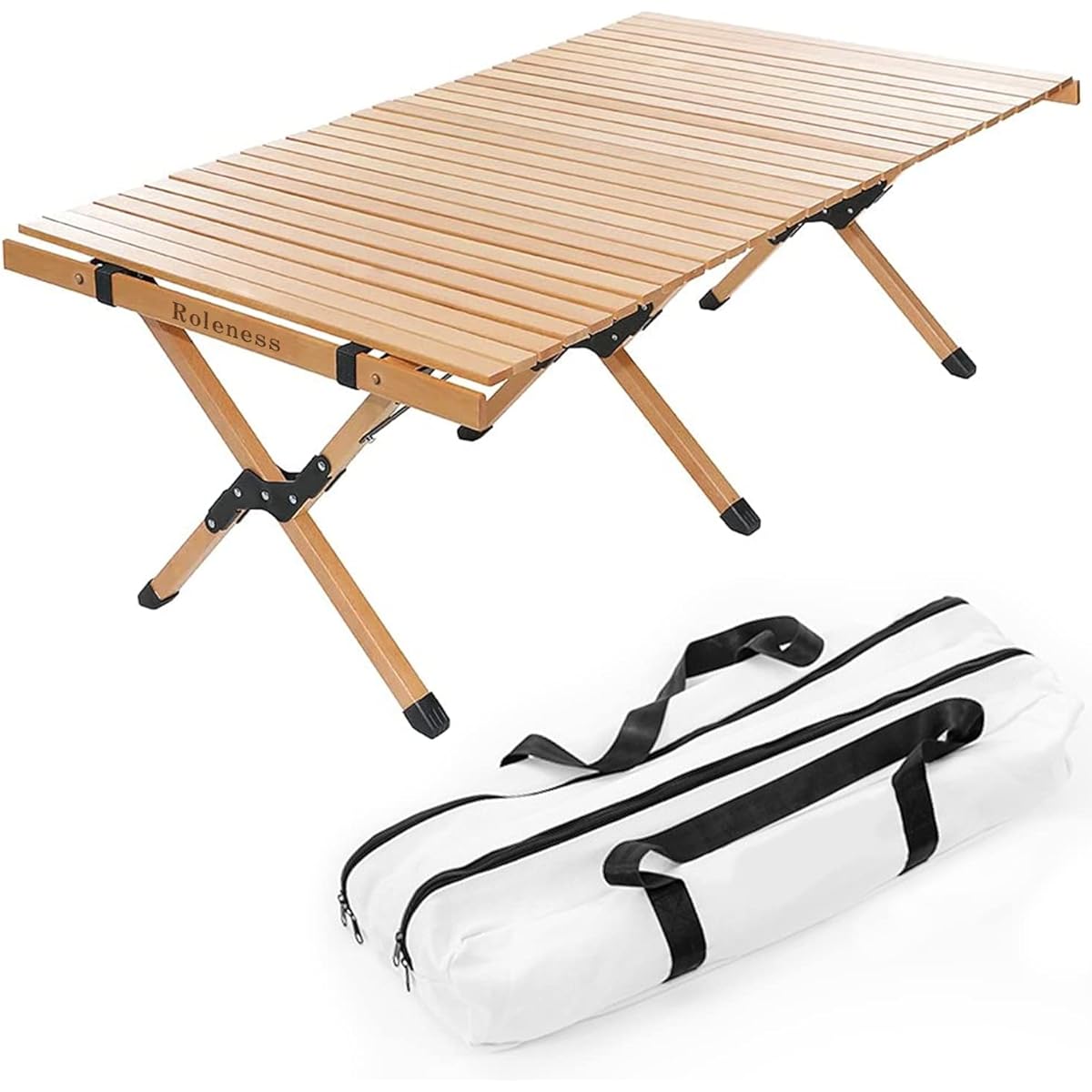 Roleness Wood Roll Top Table Outdoor Table Multifunctional Folding Camping Table Natural Wood Easy Assembly Compact Travel BBQ Indoor Low Table Width 120 x Depth 60 x Height 45cm Storage Bag Included