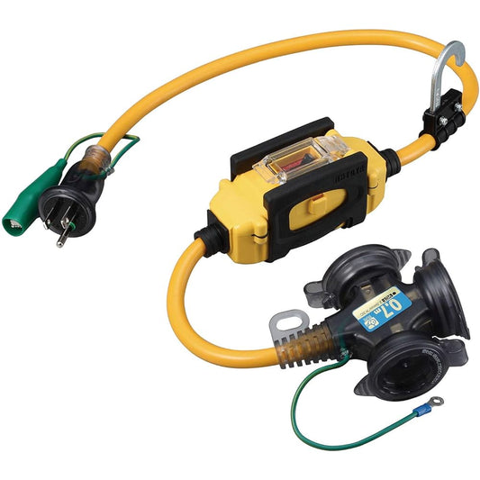 HATAYA 2P grounded extension cord for outdoor use (rainproof) Cord 0.7m Thickness 2.0㎟ Dedicated ground fault protection type Earth leakage breaker Fukutobi plug specification 3 outlets Outlet rainproof cap included Built-in pilot lamp Exband included Fo