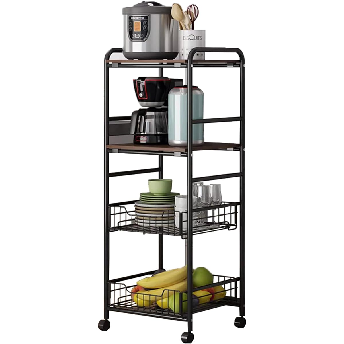 MMETARO Kitchen Wagon with Casters, Storage Wagon, Slim Kitchen Rack, 4 Tiers, Range Stand, Load Capacity 50kg, Compact, Space Saving, Easy to Assemble