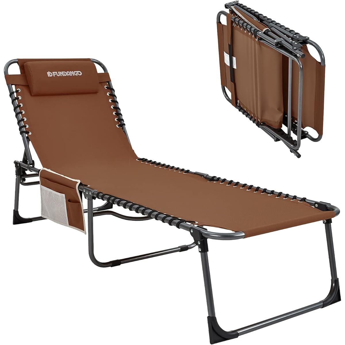FUNDANGO Summer Bed Outdoor Reclining Beach Chair Folding Camping Cot 5 Adjustable Levels Load Capacity 120kg Khaki