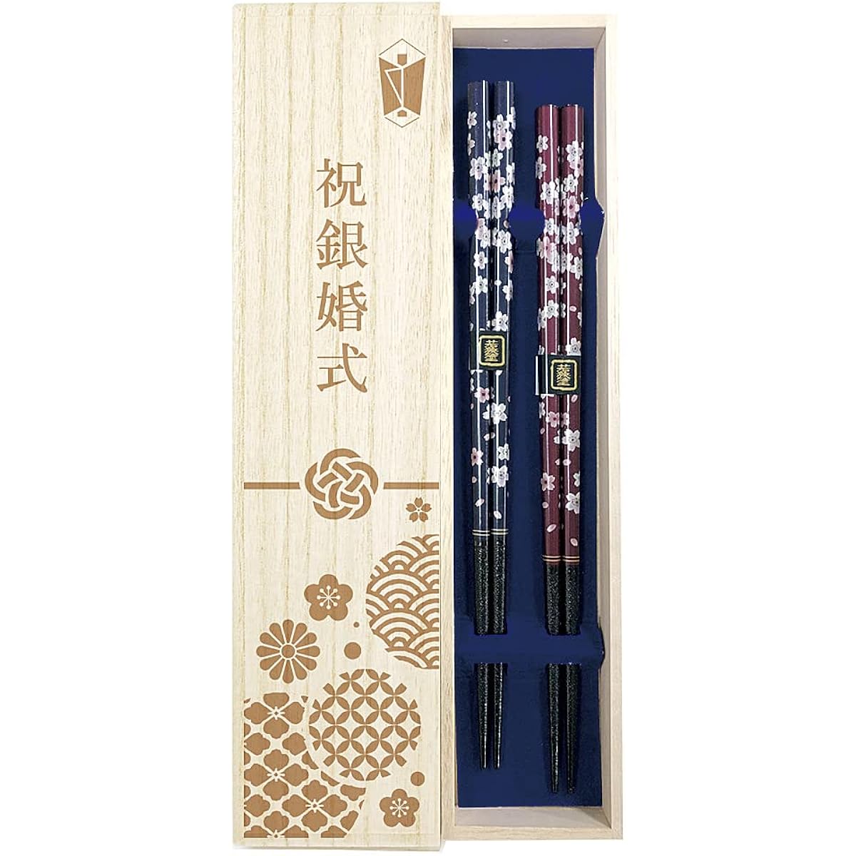Couple chopsticks, Japanese flower flyer, navy blue, red, dishwasher safe, with design paulownia box and wrapping, silver wedding anniversary, silver anniversary celebration, wedding anniversary, parents, present, gift [153]